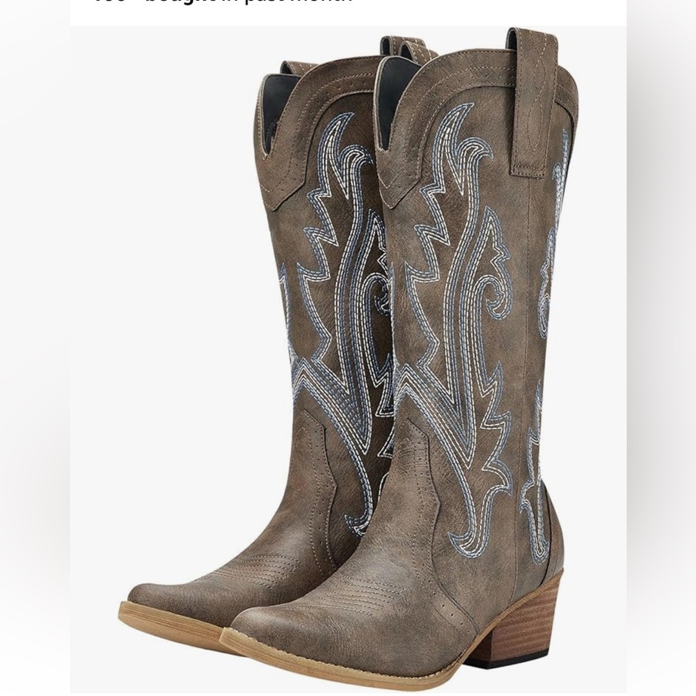 Brown Western Cowboy Boots with Blue Embroidery